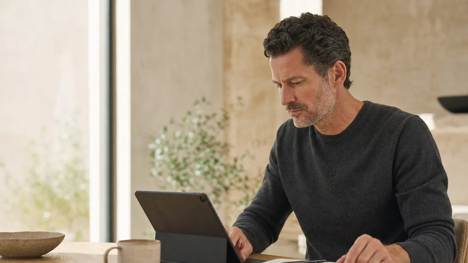 A man reading on a tablet at a pale oak table in morning light.